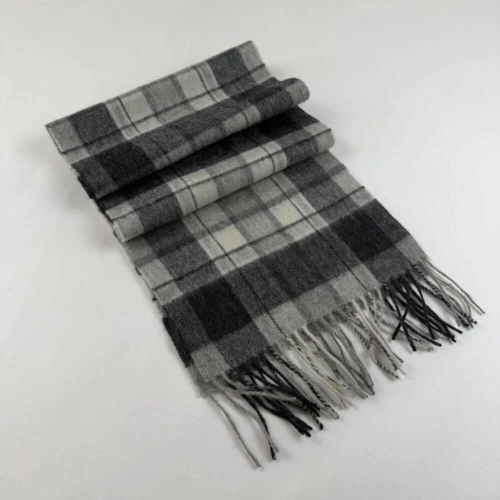 Kiltane Of Scotland Lambswool Fringe Scarf Black Grey Plaid 11 x 62 Preppy